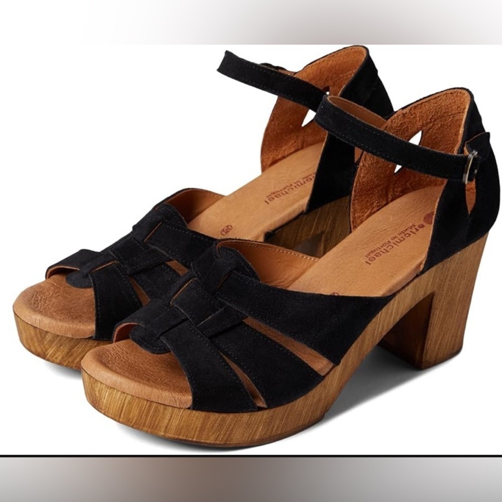 ERIC MICHAEL - SAVY Black Suede Wooden Style Platform Sandals - Picture 7 of 9
